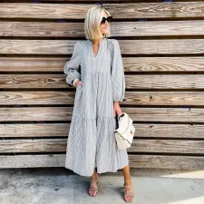 Casual Striped Long Sleeve Maxi Dress NY-10266