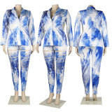 Plus Size Printed Blazer Coat+Hole Pants 2 Piece Sets NY-2568