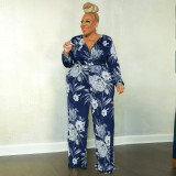 Plus Size Floral Print V Neck Belted Jumpsuit OSIF-22533