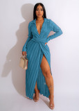 Solid Long Sleeve V Neck Split Maxi Dress OSM-4377