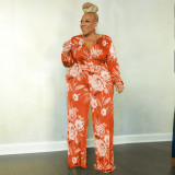 Plus Size Floral Print V Neck Belted Jumpsuit OSIF-22533