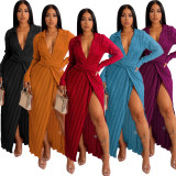 Solid Long Sleeve V Neck Split Maxi Dress OSM-4377