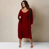 Solid Sling Midi Dress+Long Coat Two Piece Sets YF-10273