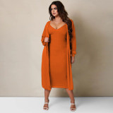 Solid Sling Midi Dress+Long Coat Two Piece Sets YF-10273
