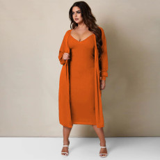 Solid Sling Midi Dress+Long Coat Two Piece Sets YF-10273