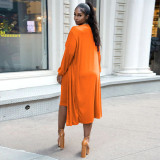 Solid Sling Midi Dress+Long Coat Two Piece Sets YF-10273