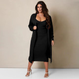 Solid Sling Midi Dress+Long Coat Two Piece Sets YF-10273