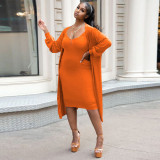 Solid Sling Midi Dress+Long Coat Two Piece Sets YF-10273