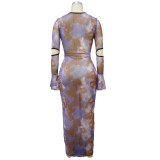 Mesh Flared Sleeve Printed Maxi Dress YF-9989