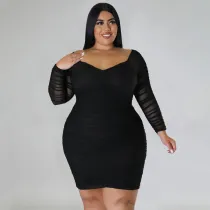 Plus Size Sexy Ruched Long Sleeve Bodycon Dress NNWF-7697