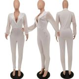 Solid Mesh Sleeve Notched Collar Jumpsuit WPF-80798