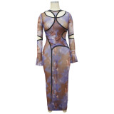 Mesh Flared Sleeve Printed Maxi Dress YF-9989