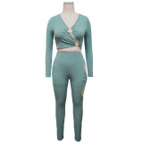 Solid Long Sleeve Hollow Pants Two Piece Set YF-9991