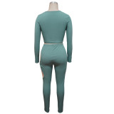 Solid Long Sleeve Hollow Pants Two Piece Set YF-9991