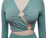 Solid Long Sleeve Hollow Pants Two Piece Set YF-9991