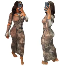Mesh Flared Sleeve Printed Maxi Dress YF-9989