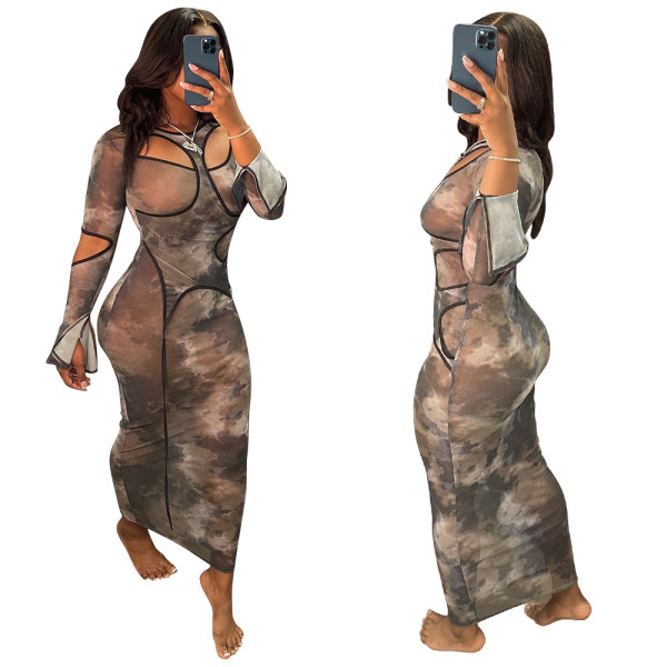Mesh Flared Sleeve Printed Maxi Dress YF-9989