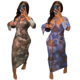 Mesh Flared Sleeve Printed Maxi Dress YF-9989