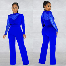 Fashion Polka Dot Mesh Splice Long Sleeve Jumpsuit BY-6021