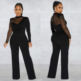 Fashion Polka Dot Mesh Splice Long Sleeve Jumpsuit BY-6021