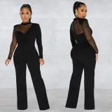 Fashion Polka Dot Mesh Splice Long Sleeve Jumpsuit BY-6021