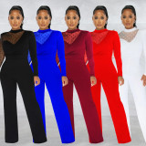 Fashion Polka Dot Mesh Splice Long Sleeve Jumpsuit BY-6021
