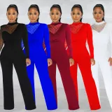 Fashion Polka Dot Mesh Splice Long Sleeve Jumpsuit BY-6021