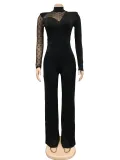 Fashion Polka Dot Mesh Splice Long Sleeve Jumpsuit BY-6021