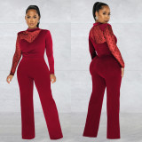 Fashion Polka Dot Mesh Splice Long Sleeve Jumpsuit BY-6021