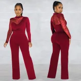 Fashion Polka Dot Mesh Splice Long Sleeve Jumpsuit BY-6021