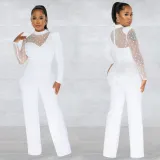 Fashion Polka Dot Mesh Splice Long Sleeve Jumpsuit BY-6021