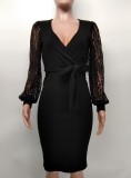 Sexy Lace Patchwork Lantern Sleeve Sashes Midi Dress XMY-9390