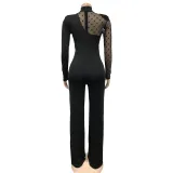 Fashion Polka Dot Mesh Splice Long Sleeve Jumpsuit BY-6021