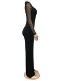 Fashion Polka Dot Mesh Splice Long Sleeve Jumpsuit BY-6021
