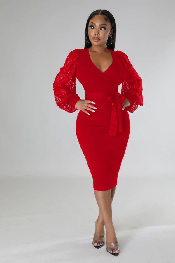 Sexy Lace Patchwork Lantern Sleeve Sashes Midi Dress XMY-9390