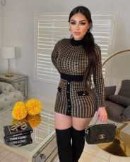 Sexy Houndstooth Long Sleeve Mini Slim Dress ORY-5222-1