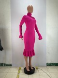 Plus Size Sexy Ribbed Backless Turtleneck Midi Dress BLX-61012