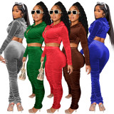 Fashion Velvet Ruched Hooded Cropped Coat And Pants 2 Piece Set YD-8655