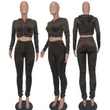 Fashion Velvet Ruched Hooded Cropped Coat And Pants 2 Piece Set YD-8655