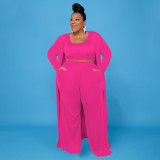 Plus Size Solid Tank Top+Long Cloak+Pants 3 Piece Sets NNWF-7293
