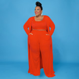 Plus Size Solid Tank Top+Long Cloak+Pants 3 Piece Sets NNWF-7293
