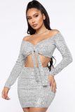 Sexy Sequin Long Sleeve Mini Skirt Two Piece Sets ME-8215