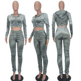 Fashion Velvet Ruched Hooded Cropped Coat And Pants 2 Piece Set YD-8655