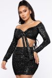 Sexy Sequin Long Sleeve Mini Skirt Two Piece Sets ME-8215