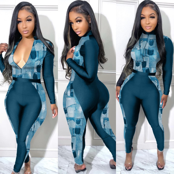 Plus Size Printed Patchwork Zipper Tight Jumpsuit NY-10276