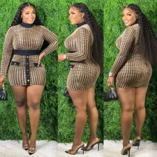 Sexy Houndstooth Long Sleeve Mini Slim Dress ORY-5222-1