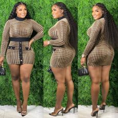 Sexy Houndstooth Long Sleeve Mini Slim Dress ORY-5222-1