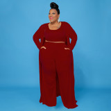 Plus Size Solid Tank Top+Long Cloak+Pants 3 Piece Sets NNWF-7293