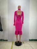 Plus Size Sexy Ribbed Backless Turtleneck Midi Dress BLX-61012