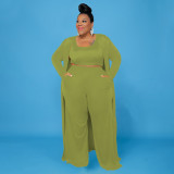 Plus Size Solid Tank Top+Long Cloak+Pants 3 Piece Sets NNWF-7293